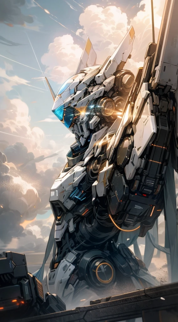 Skysky，​​clouds，holding_weapon，no_humans，with light glowing，，droid，buliding，glowing_eyeecha，scientific fiction，城市，Realistiecha
