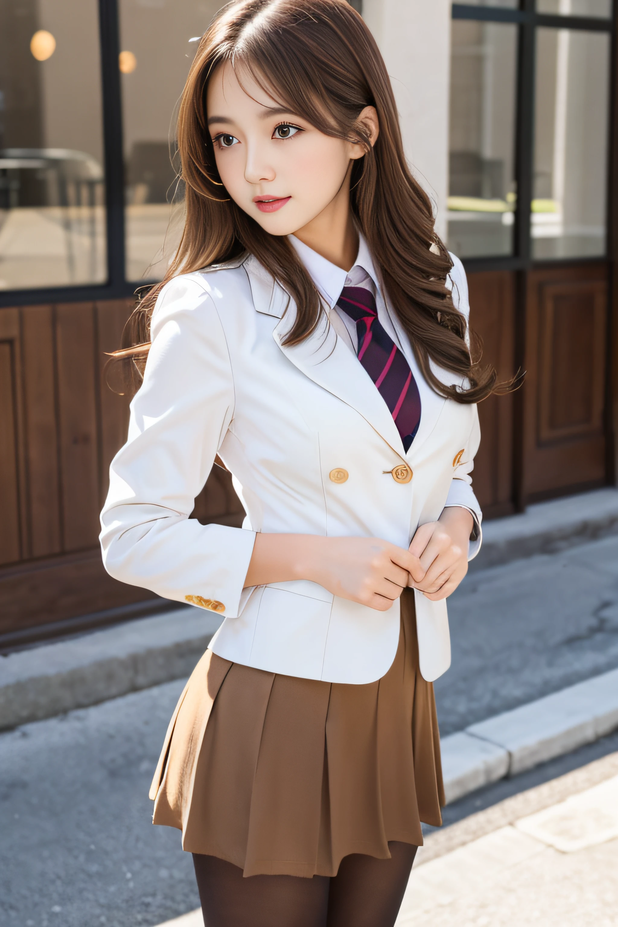 18 year old girl、School uniform,pantyhose,Cute,1girl in,Full body,nice perfect face with soft skin perfect face,gorgeous long wavy brown-haired,8K resolution,Ultra-realistic,Ultra-detailed,hightquality,huge-breasted:1.4)