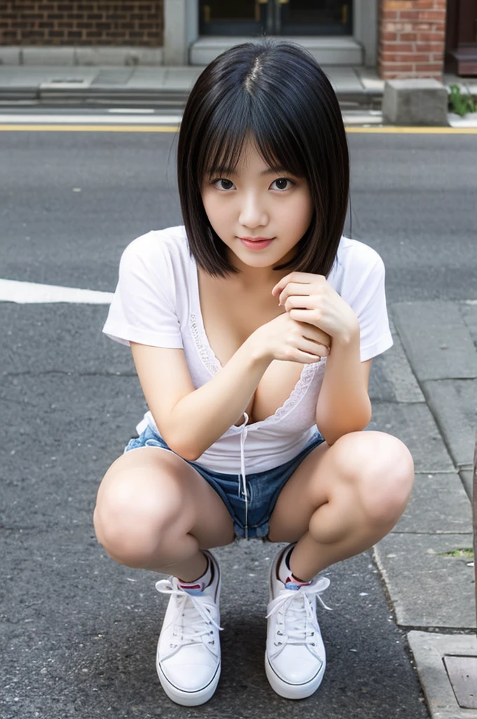 Alafed Girl, chiho, iwakura lain, closeup Iwakura Lain, With short hair, Shiori Teshirogi, Kotegawa Yui, hime-cut, girlfriend 17 years old, sui ishida with black hair, lain iwakura, girl cute-fine-face, Clear pubic contours,(Small breasts), hight resolution, ighly detailed, top-quality, [​masterpiece:1.6],, very stocky、(From  above:1.2)、(a closeup:1.4)A woman wearing shorts and adjusting her shoelaces in a downtown area, Squatting、