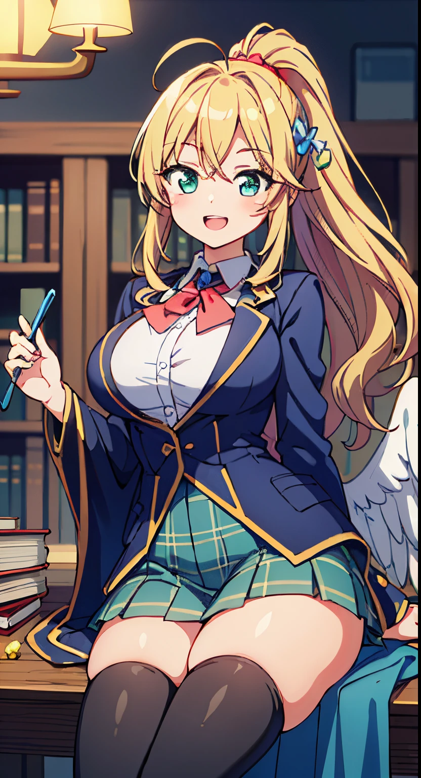 (Cute illustration:1,2),(Absurd realistic structure details),(High resolution complex and detailed text quality),(High-resolution microstructure、High poly 3 boobs D rendering correction),Methods of geometry,Careful explanatory anatomy,
BREAK,
1 beautiful girl, girl with, (Cute:1.5),(Chibi:0.5),(kawaii:2.0),(Lori:2.0),( girl),(large full breasts:1.65),(Ahoge,High Ponytail,Blonde hair, blue bow, Green eyes,eyebrows visible through hair,side locks,Parted bangs,Long hair, Hair Flower, Hair Ornament, Big ribbon in the hair, Curly hair,Bow:1.4),:el,White feathers, one white winged, Angel wings,Spread wings, Glowing wings),pitt \(Kid Icarus\),gleaming skin, Clear skin, shining beautiful skin, Open mouth,Smile, Solo, tusk, Upper teeth,(long eyelashes, Double eyelids:1.2),Solo,gleaming skin, Clear skin, Beautiful skin,(best quality face),(Top quality glowing eyes),(The best smile,Doya face:1.45), BREAK, Witch Hat,
(grin, 😀, Smirk), Open mouth, angry, droolng, (tag(School uniform:1.1), Fantasy costume,
(Sorcerer'cloak of, Black cloak), (Collared shirt, White shirt), (Miniskirt:1.2), (Green skirt, Pleated skirt), (plaid skirts:1.1), (thick thighs:1.2), (black kneehighs:1.2), (zettai ryouiki:1.3),BREAK, (Magic books are spread out on the table:1.2), Stacked books,
(Girl sitting on chair with legs crossed:1.2), 1 person'Hands raised, Detailed hand,
BREAK,(day), Indoor, medieval fantasy archives, gothic library, Magic Book, bookcase, 1 table, 1 chair, 1 lantern, basements, darkened room, (Countless crystals floating in the air:1.2), (big chunks :1.2), Waterfall,depth of fields,
BREAK,wakame,wakame,wakame,(Cowboy Shot:1.4),
BREAK,(Blurry background:1.3),(absurderes, hight resolution, Super Detail Art),cel shading,Clear Color, Lonely optical effect, Beautiful pictures, Bright glow, mystic atmosphere,(Close-up of girl:1.1), Mystical light particle effect,manga influence, clean line drawings,
Ryu, Ryu, Ryu, Ryu, Ryu, Ryu, Ryu, Ryu, Ryu, Ryu, Ryu, Ryu