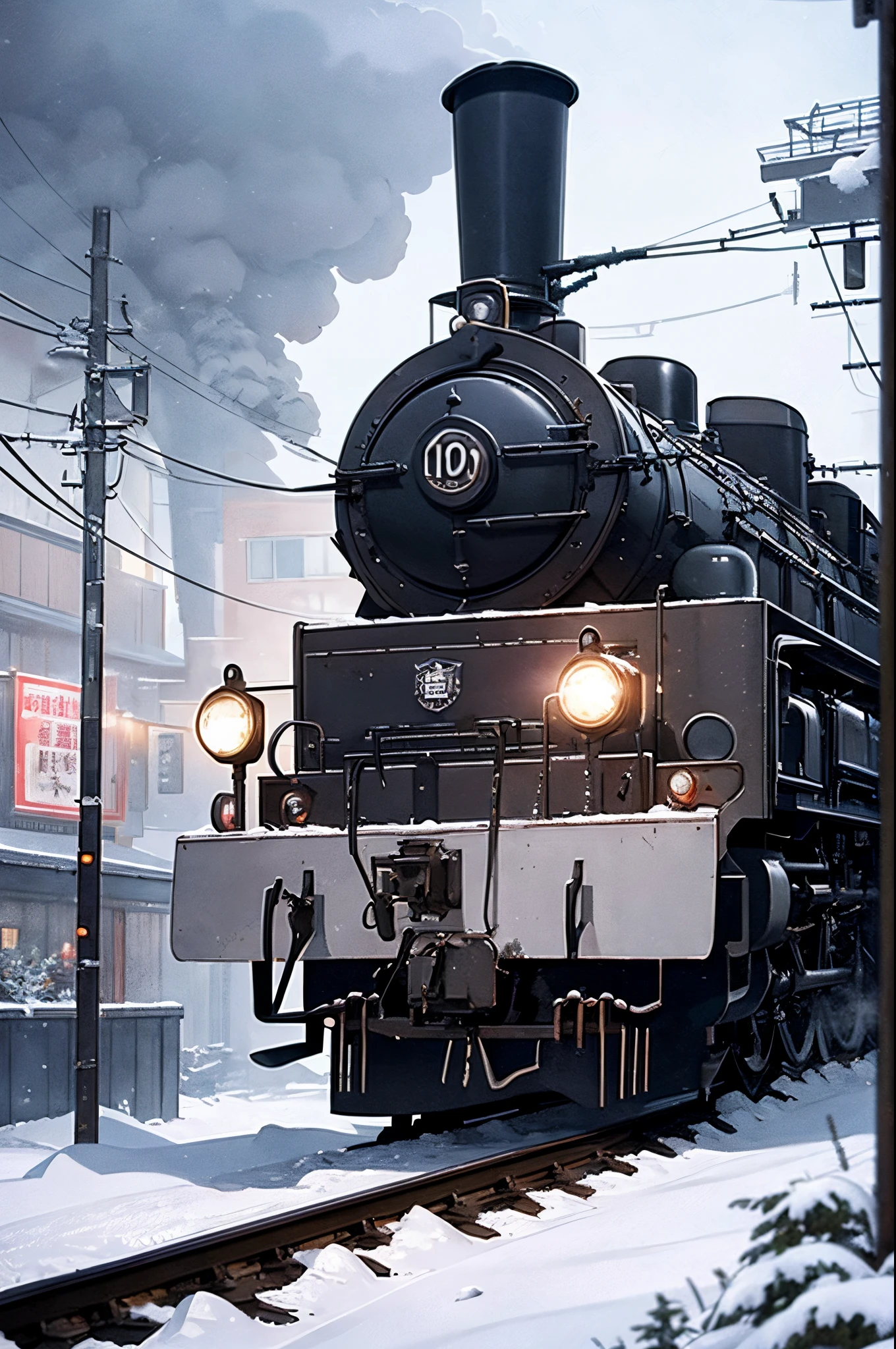 Smoke coming from locomotive center、headlight、native village、A cinematic scene、by Ghibli Studio、midynight、It snowed heavily、Snow blowing、snow cover、bigger、On the table,Best quality at best,Sketch style、