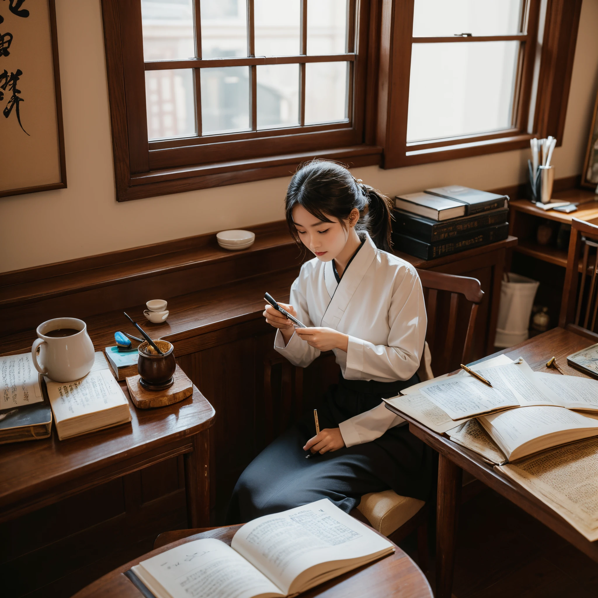 There  an old calligrapher sitting in the study room, Focused, Hold the brush in your right hand, There  a pen on the table, ink, , ink, ink, chineseidol