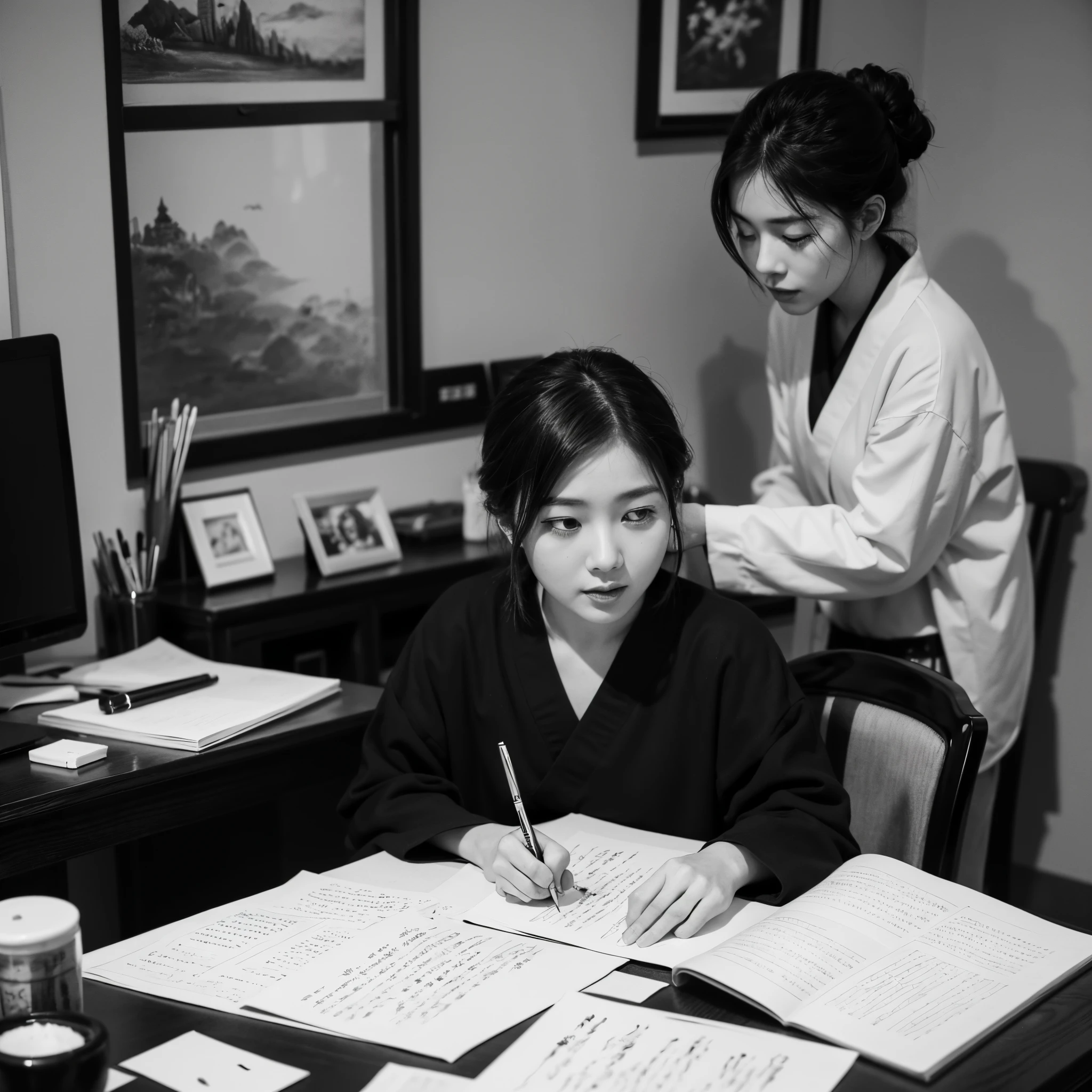 There an old calligrapher sitting in the study room, Focused, Hold the brush in your right hand, There a pen on the table, ink, , ink, ink, chineseidol