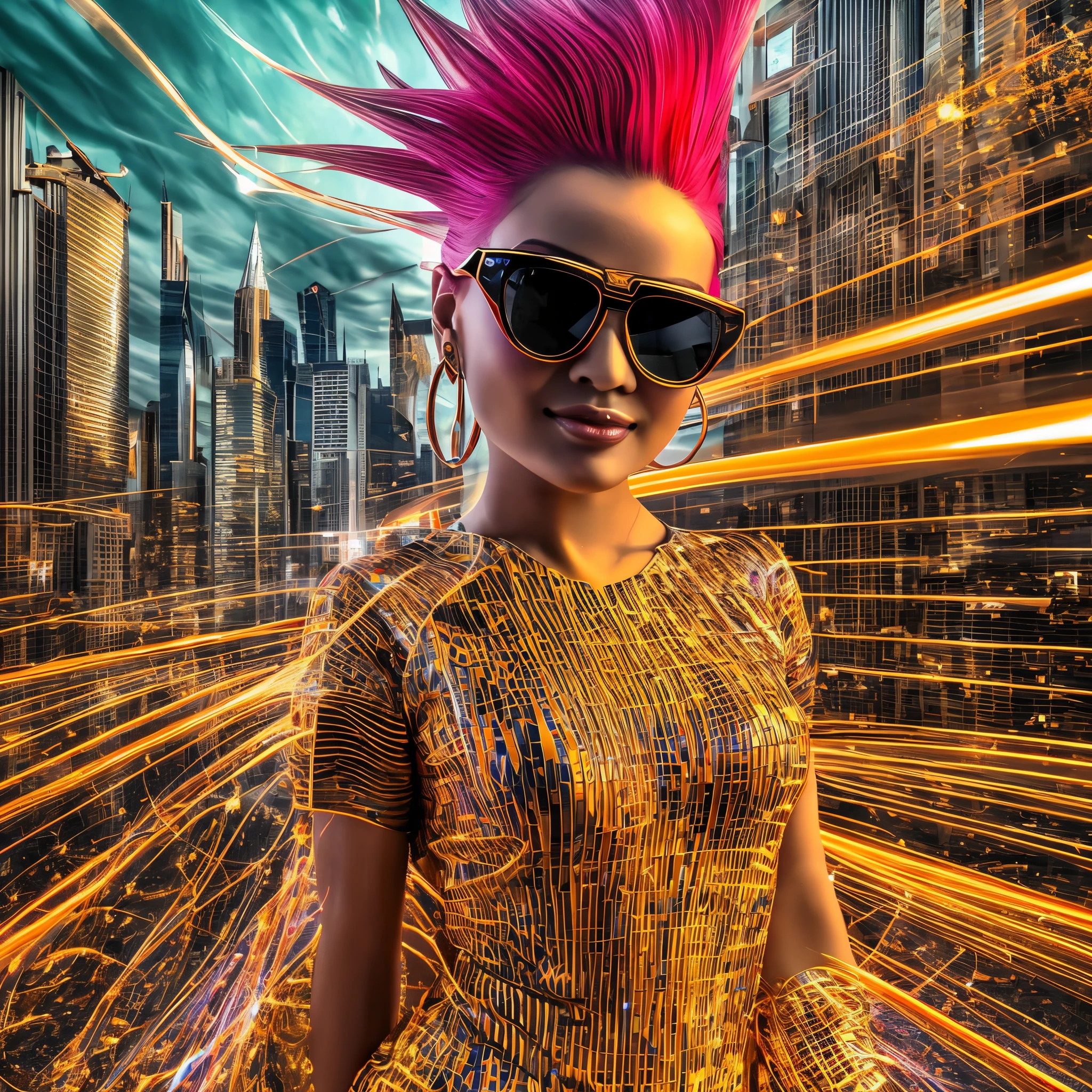 Humanoid alien, facial expression of surprise, wearing glasses, earrings, mohawk hair, wearing piercings and fancy clothes, metropolitan environment, nostalgic atmosphere, bright and strong colors, Ultra authentic, horizontal photography with 3:2 aspect ratio, hyper plausible, highly stupendous, rigidly worthy, extremely spectacular, very incredible, ultra fantastic, hyper biased, rich in attraction, hyper unimaginable, hyper surprising, ultra epic, full HD, 3D, 4K, ultra realistic, ultra detailed, hyper realism, hyper perfectionist, rich in uniqueness, ultra magnificent, highly extraordinary, rigidly sensational, ultra in-depth, hyper-precise, highly precise, very complete, extremely particularized, rich in exclusivity, hyper-pragmatic, everything in symmetry, hyper frenetic, ultra improved --auto --s2