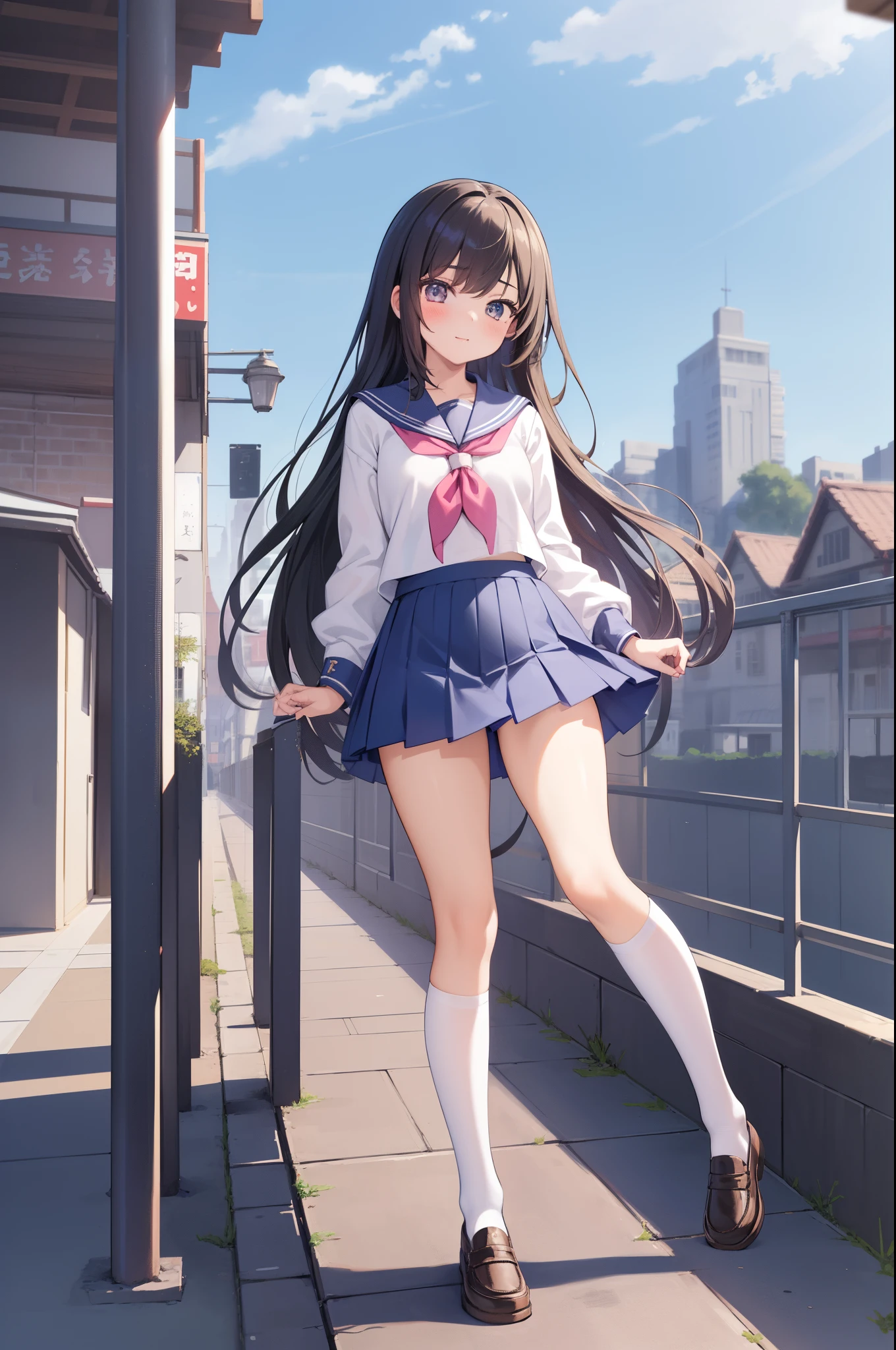 tmasterpiece，(1 female high school student，校服，Superskirt)，natta，concept-art，Lopfe art style, lofi art,  Anime landscapes,  Detail Enhancement。