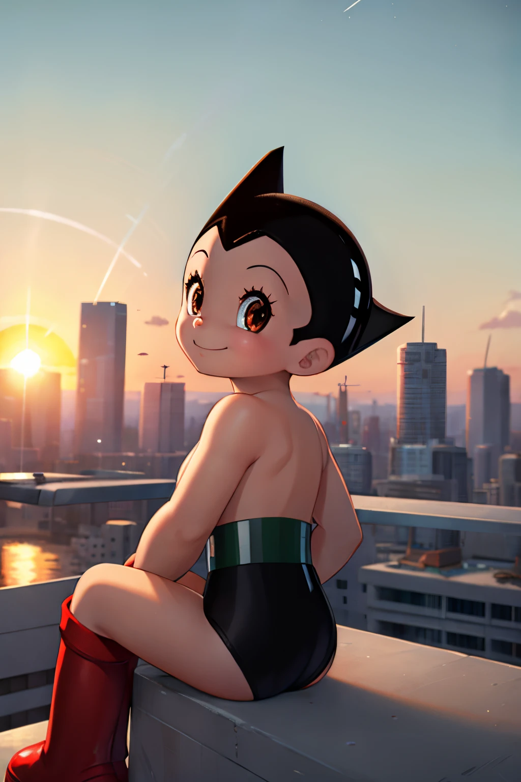 High quality close up of Astro Boy sitting on a rooftop, futuristic city backdrop, sunset, smiling, from behind, looking the viewer, red boots