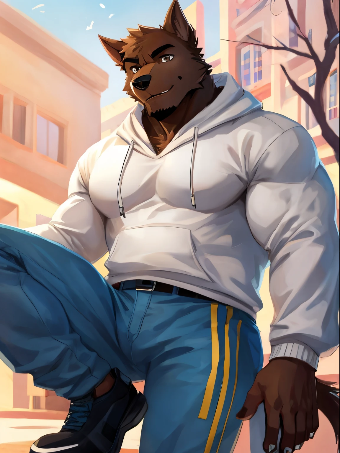 Muscular anthropomorphic dog, two-tone light and dark brown. Ojos marrones. White sweatshirt and blue pants.