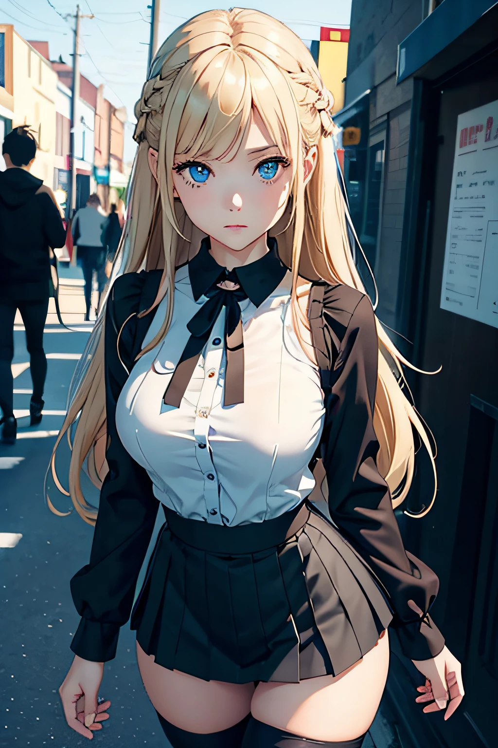 {masterpiece},{best quality},{1girl}, cute,Amazing,anime girl,anime style,little top upper clothing, wearing short skirt, wearing tights, hands behind back, black sexy collar around neck, detailed boobs, beautiful detailed eyes, light blue eyes, long hair, blonde hair, finely detail,Depth of field,extremely detailed CG,original, extremely detailed wallpaper,whole body, looking at viewer,