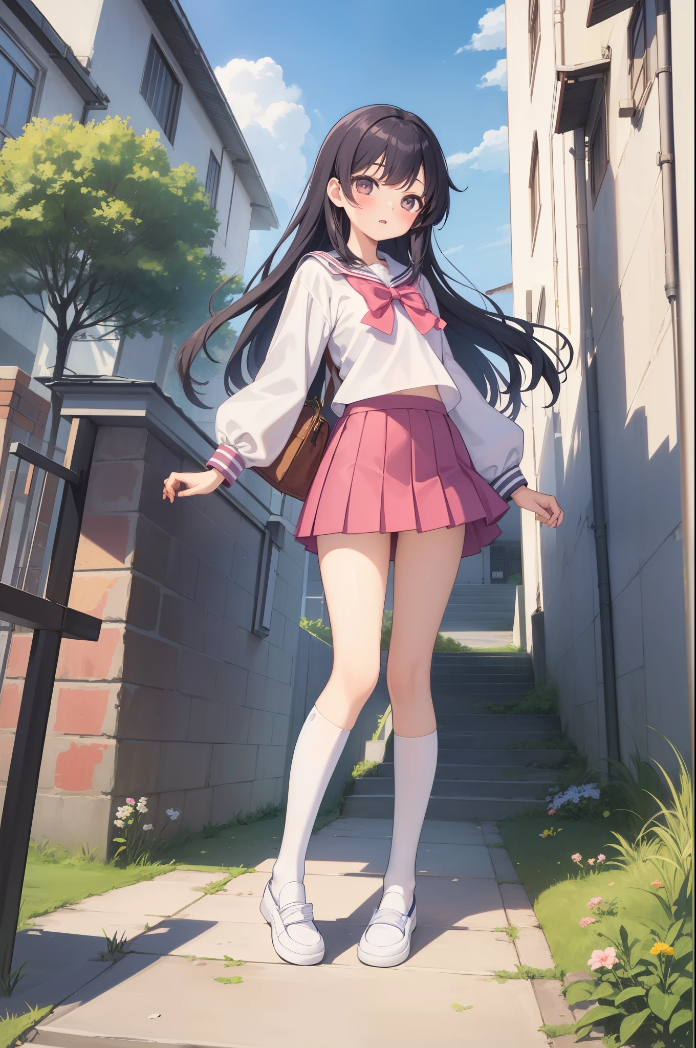 tmasterpiece,(1 female high school student,校服,Superskirt),natta,rosy cloudus stop,staircase,concept-art,Lopfe art style, lofi art, Anime landscapes, Detail Enhancement。