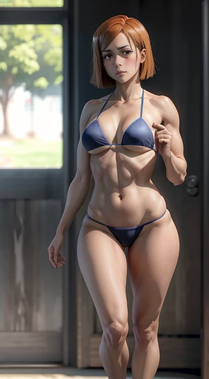 Standing full body, pose de modelo, (melhor qualidade:1.3), (Qualidade 4k), Nobara Kugisaki por jujutsu no kaisen, seios enormes, cintura fina, Athletic body, blue micro bikini, coxas grossas torneadas, ((Rosto detalhado)),((sorrir)), (()), (seios grandes), sexy, ((corte de cabelo ))