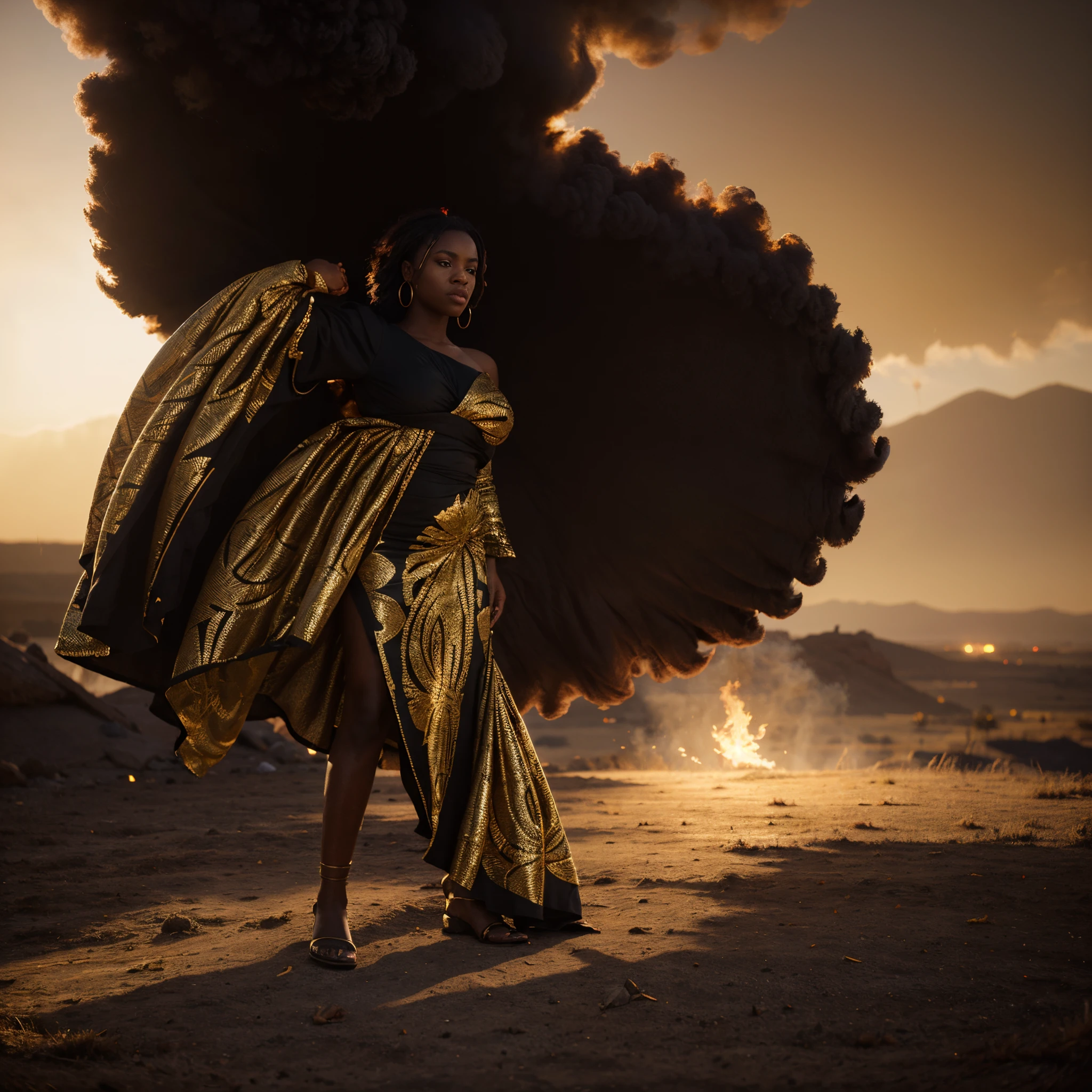 Wide angle shot of a beautiful african woman dressed in a black and gold African designed dress, with red smoke on the ground blowing with the wind, gold sun in the background providing a moody atmospheric cinematic lighting, hyper-realistic image, 32k, ultra HD, unreal engine rendered, cinematic lighting, artgerm style,