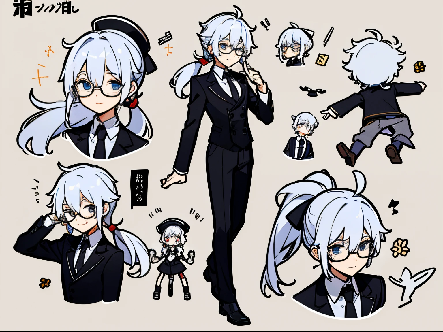 male in his 20s、white  hair、poneyTail、He wears round glasses with no rims、The face is human、The body is made of machines、Cyborg Arm、Hats、wearing a tailcoat、neck tie、concept-art、Character concept art、Character Sketch、Reference Sheet、a smile、Facial expression difference（emotions）、simple background