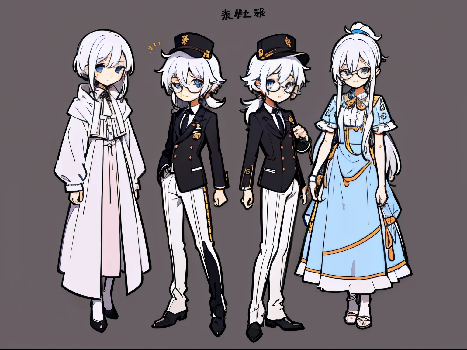 male in his 20s、white  hair、poneyTail、He wears round glasses with no rims、The face is human、The body is made of machines、Cyborg Arm、Hats、wearing a tailcoat、neck tie、concept-art、Character concept art、Character Sketch、Reference Sheet、a smile、Facial expression difference（emotions）、simple background