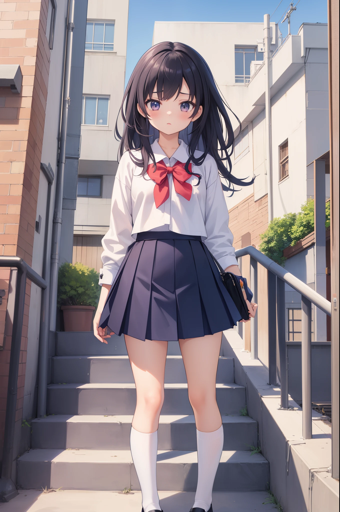 tmasterpiece,(1 female high school student,校服,Superskirt),natta,rosy cloudus stop,staircase,concept-art,Lopfe art style, lofi art, Anime landscapes, Detail Enhancement。