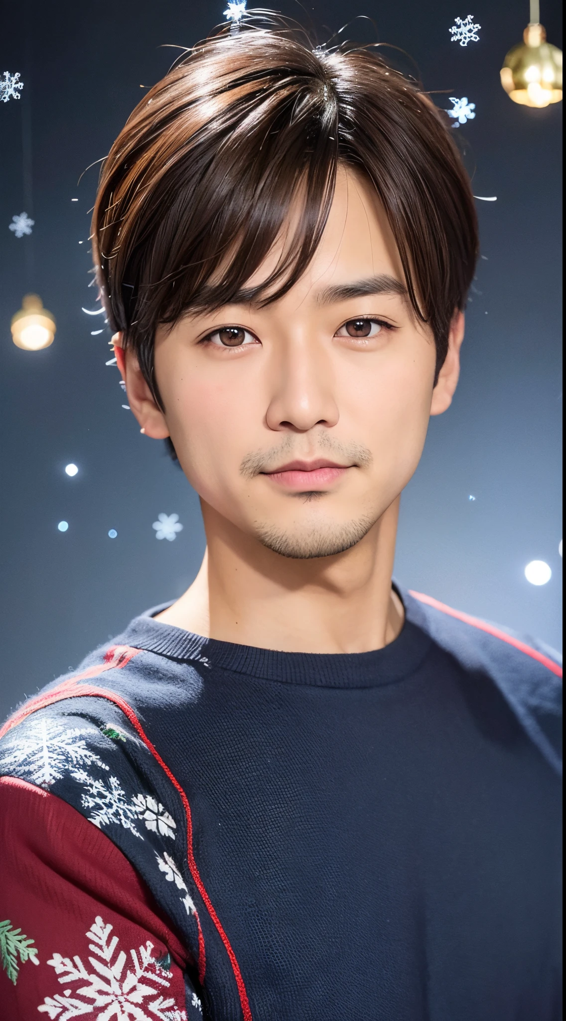 Brown hair、1 Asian man in his 40s、Indigo eyes、Christmas Background