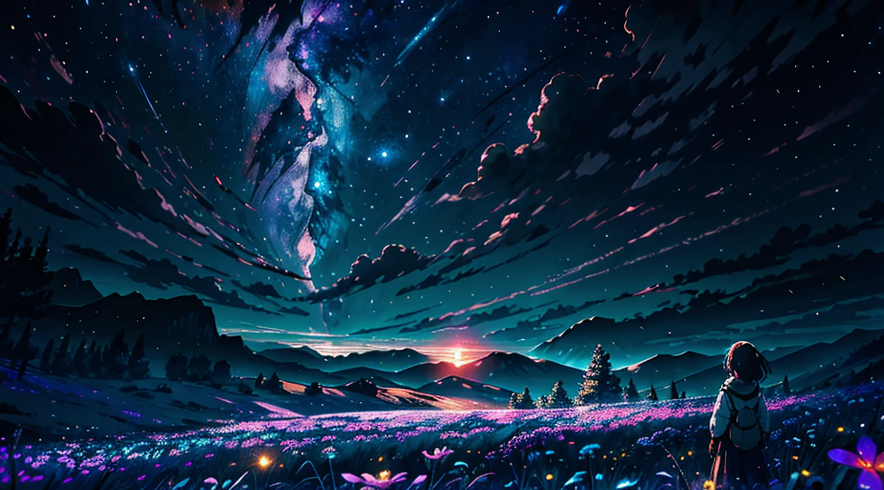 Expansive landscape photograph, (view from below with a view of the sky and the wilderness below), girl standing in a flower field looking up, (full moon: 1.2), (shooting star: 0.9), (nebula: 1.3), distant mountain, tree break production art, (warm light source: 1.2), (firefly: 1.2), lamp, purple and orange, intricate detail, volume lighting BREAK (masterpiece: 1.2), (highest quality ), 4k, ultra-detailed, (dynamic configuration: 1.4), highly detailed and colorful details (iridescent: 1.2), (sparkling lighting, atmospheric lighting), dreamy, magical, (solo: 1.2)