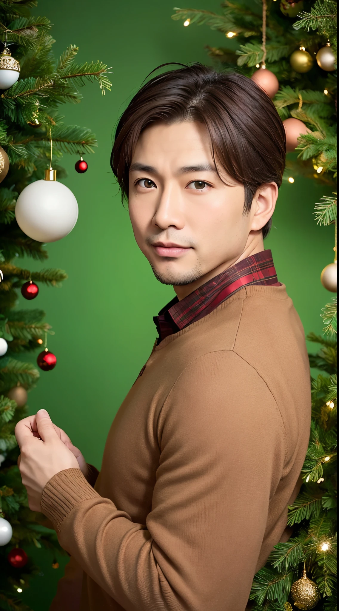 all back brown hair、Asian man in his 40s、Green eyes、Christmas Background