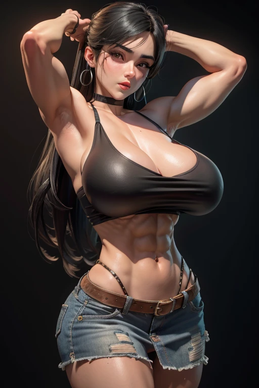 masterpiece, best quality,3d rending work ,3DMM style,close-up, 3D,1girl, solo, black hair, teardropshaped earrings, looking to the side, realistic, upper body, background, bangs, looking away, long straight black hair, parted lips, choker, makeup, mole, (white tank top:1.3), red eyes, tifa lockhart, (huge breasts:1.5) enormous droopy breasts, macromastia, cleavage, exposed stomach, toned abs, toned arms, black miniskirt