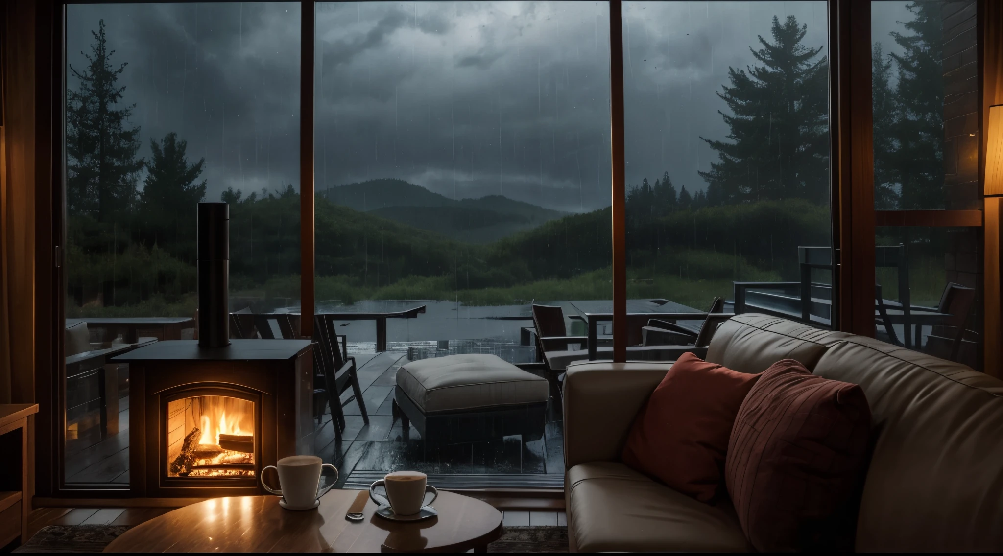 Arafed view of a living room with a fire place and a couch - SeaArt AI