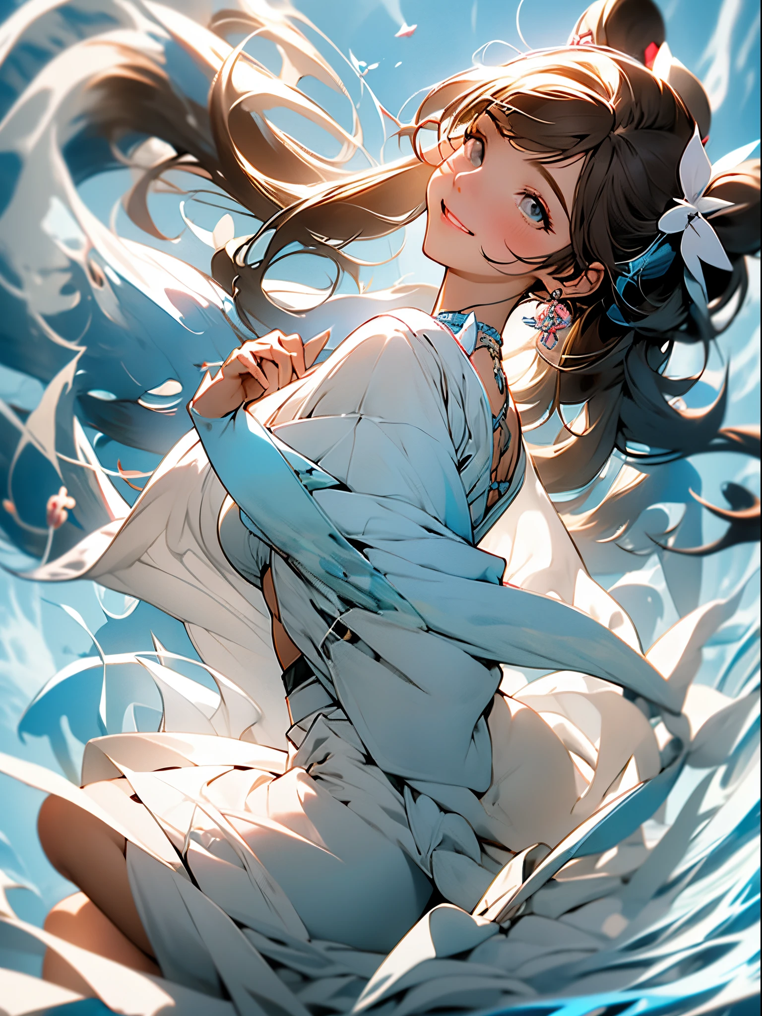master part, extremely high quality, SFW, colorido, 1girl, sozinho, hakurei reimu, brown hair, olhos castanhos, cabelos longos, tubos de cabelo, seios pequenos, Resumo Antecedentes, fundo azul, fundo cor-de-rosa, fundo amarelo, fundo de bolinhas, (Halftone)
