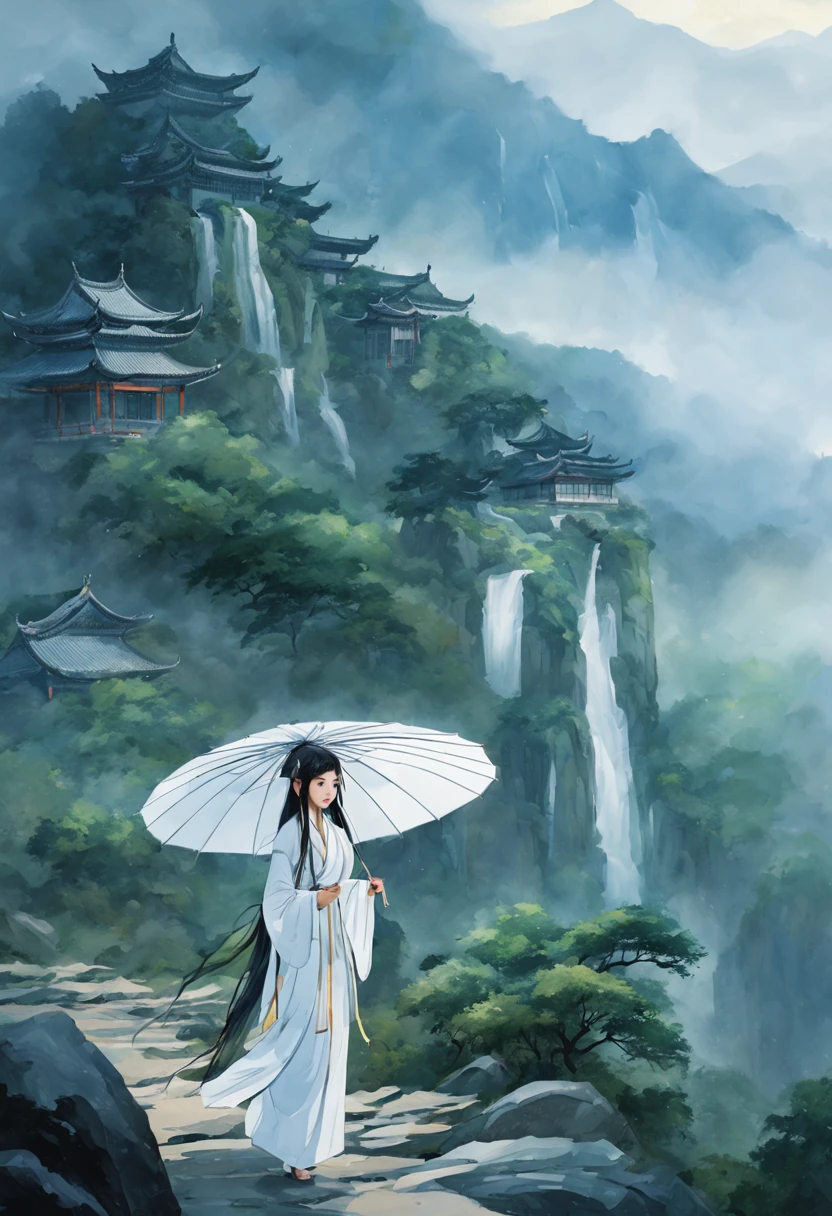ancient china, girl with long hair, white clothing, umbrella in her hand, rain, forest, summer, mountain, misty
