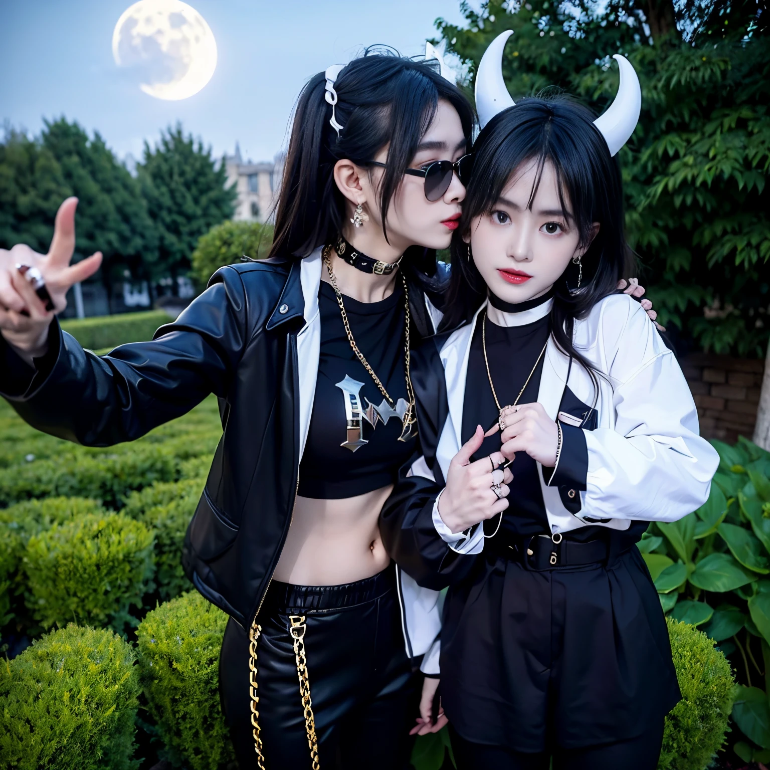 sunglasses, 2 girl with jesus, black pants, black jacket, long sleeves, halo, demon horns, standing on the garden, choker, midget, super villain, cross necklace, earrings, jewellery, jesus, jesus christ, cross tatto, sunglasses, evening with moon in the sky, kiss each other, 2 girl kiss each other