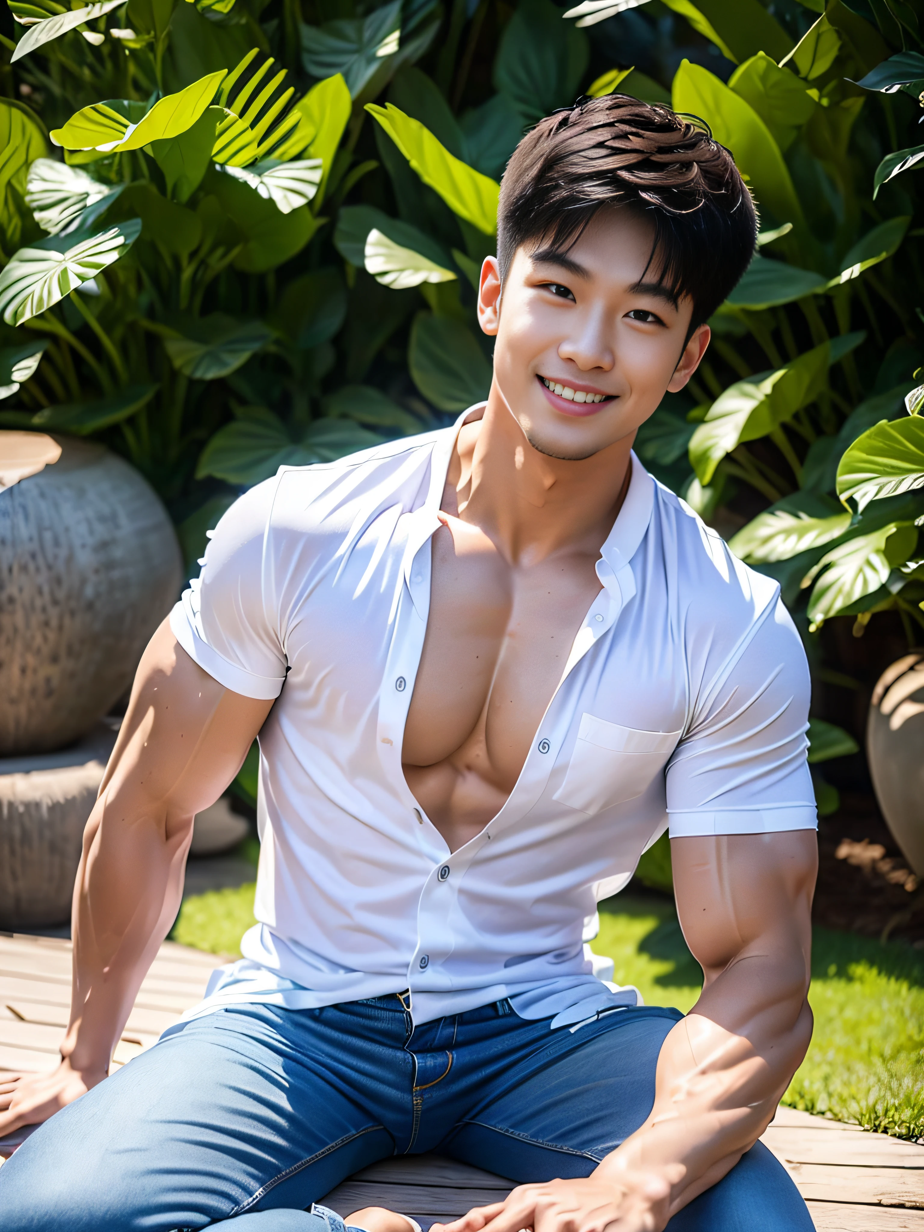 (masterpiece: 1.2),(CGI Art:1.3),(Realistic:1.5),(Post Processing:1.3), (crisp focus:1.3), 1 man, full entire body, smile, Kneeling on All Fours, (white hawaiian shirt), (Jeans), Young Korean , Korean Men, (High shadow detail), Pectoral muscles, Big arm muscles, blood vessel, Big muscles, shoulder, looking at the audience, balance eyes, seaside, beach, sunlight, Run towards the camera..