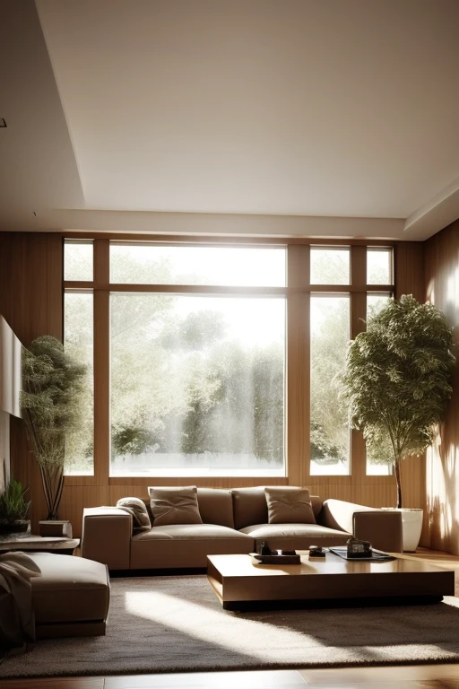 modern architecture living room,Brown sofa,floor to ceiling window,rays of sunshine,Turtle leaf,Christmas tree