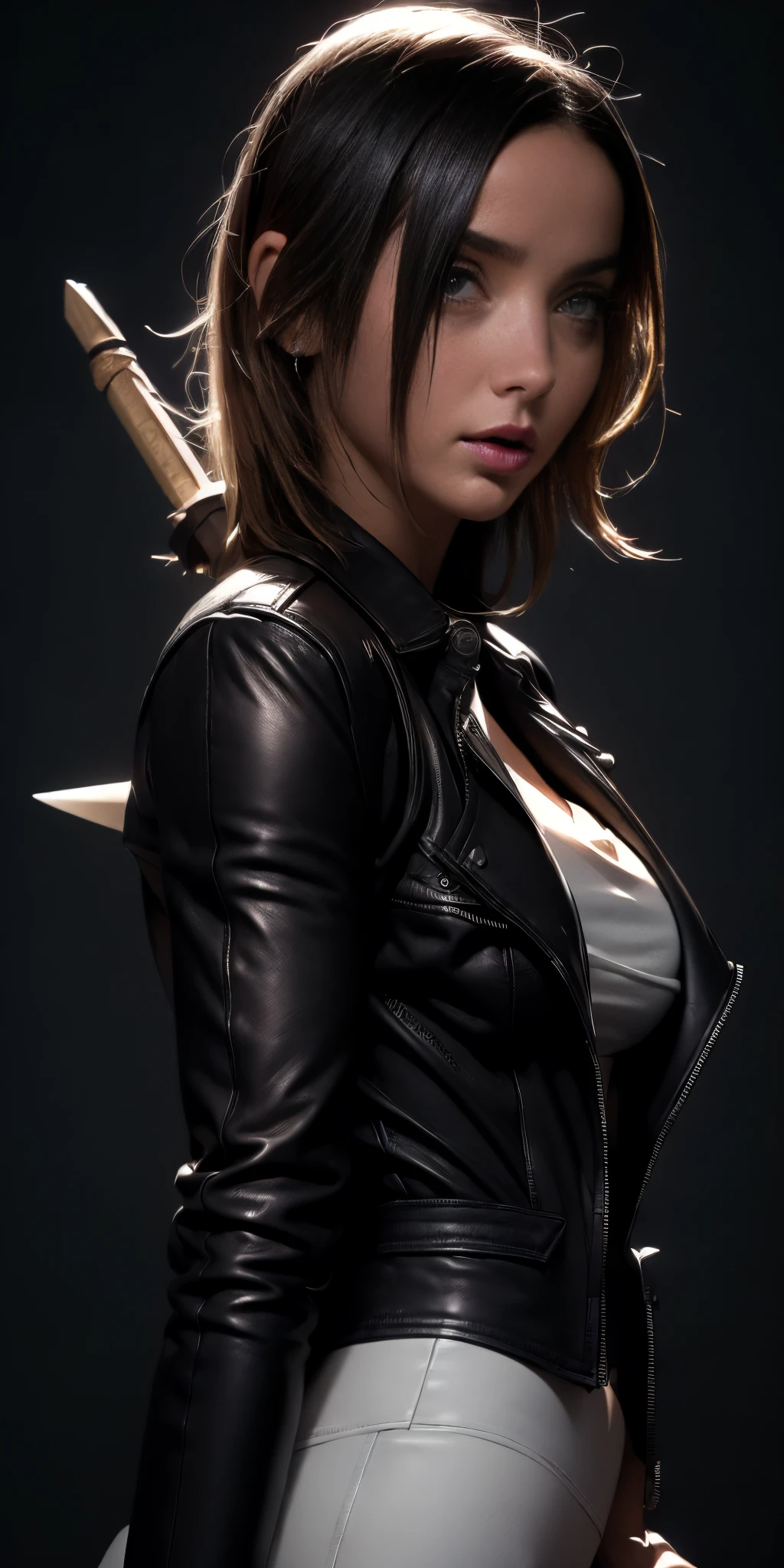 Very aesthetic inkpunk illustration, Ana De Armas lindissima, olhos azuis cintilantes, labios carnudos e rosados, cabelos pretos longos e cacheados (((wielding a magic spear in his right hand))), sentada em uma cadeira simples, corpo inteiro, separated-lips, naked,(((leather black jacket and white t-shirt))) , ripped jeans, big boobs, big booty, fundo da parede com graffiti, Arte por Mschiffer