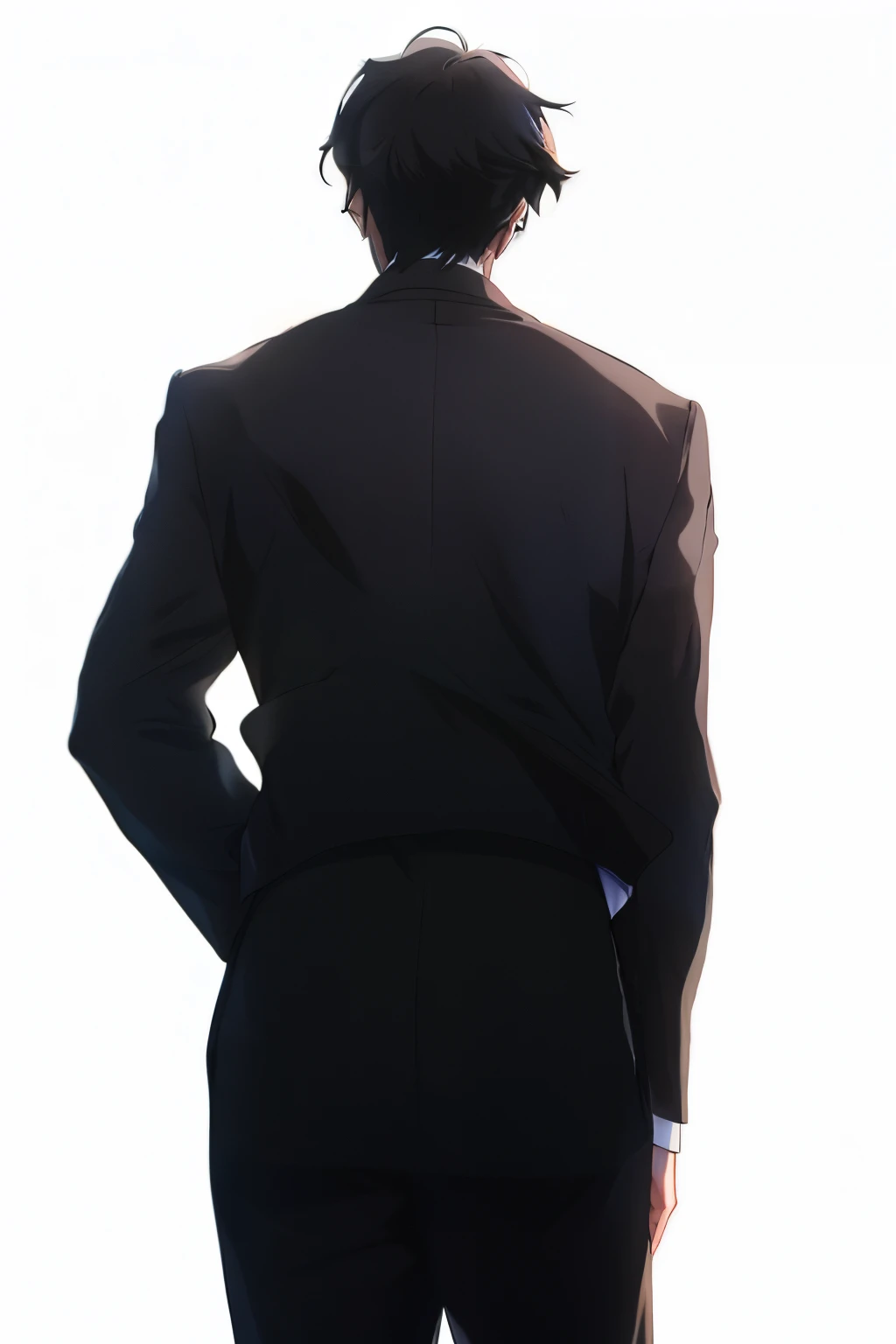 Anime man in suit standing with his back to the camera, with his back to the viewer, Official concept art, offcial art, Official character art, Full body view from a distance, dark suit, By Anime Painter Studio, he wearing a suit, he turned around, Shinkai sincerely. a digital rendering, tailcoat, drawn in anime painter studio