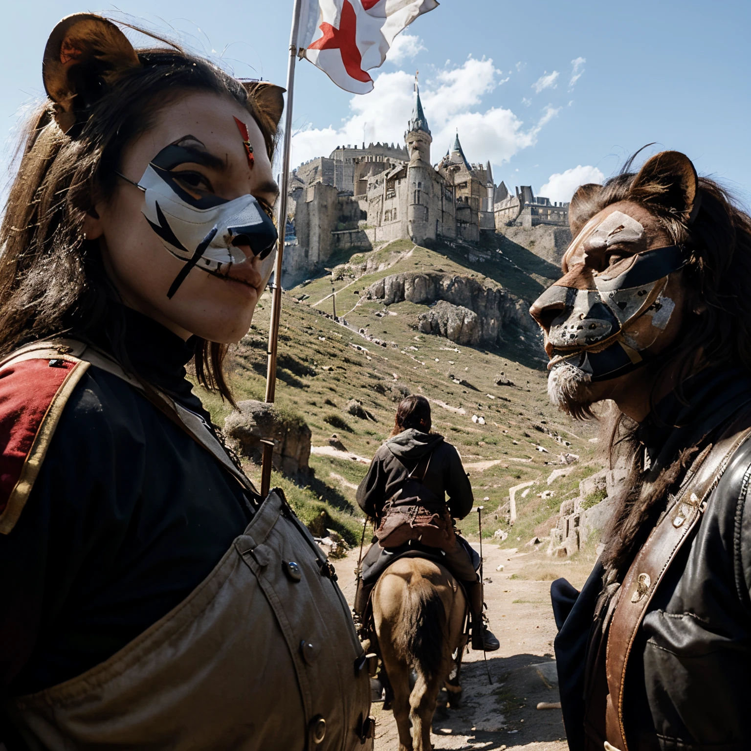 so 100 ancient solder , all walking in the mountains that has 3 big castles ,with a mask , holding red white and black flag, and riding strong lions