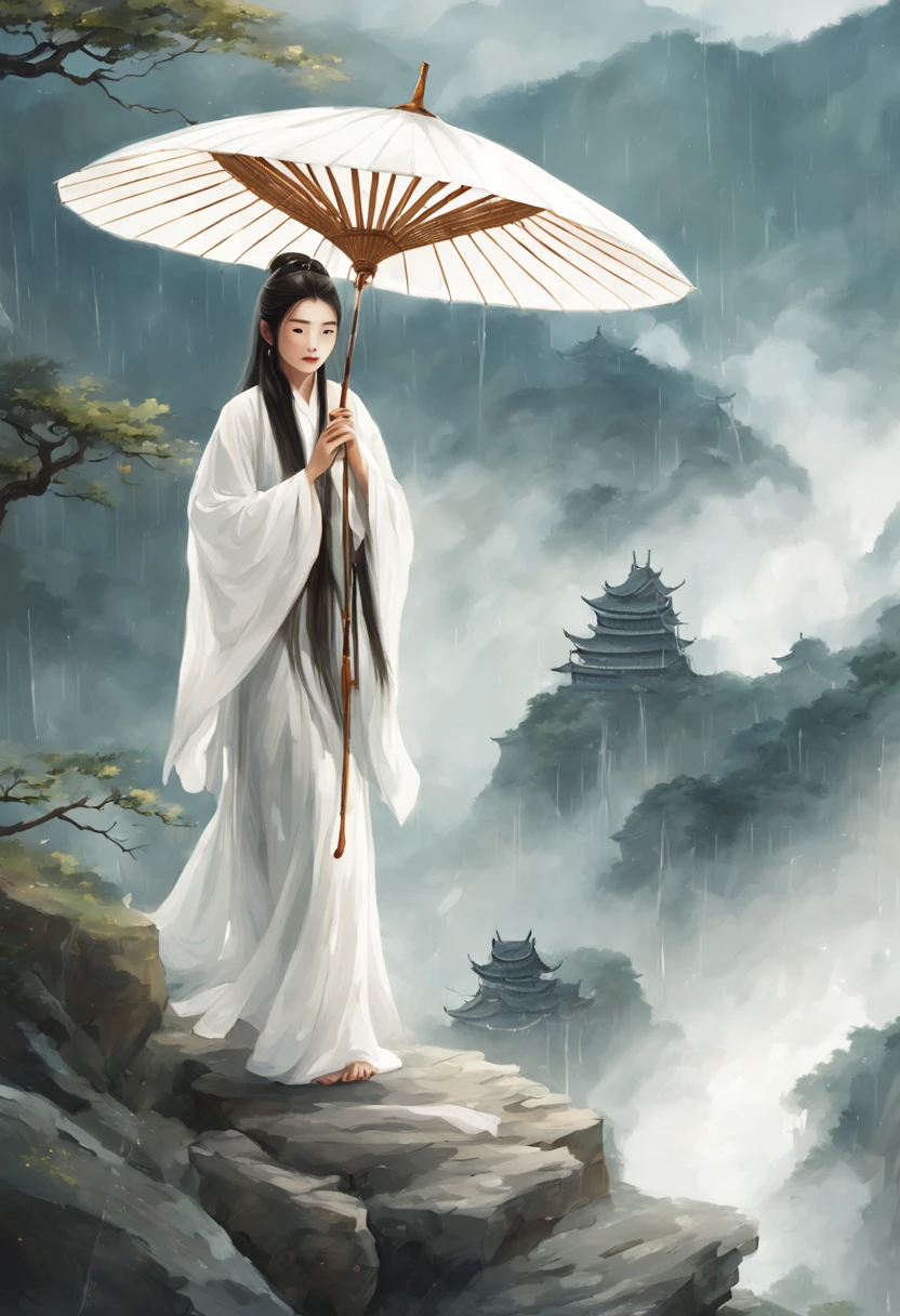 ancient china, girl with long hair, long flowing white clothing, umbrella in her hand, rain, forest, summer, mountain, misty
