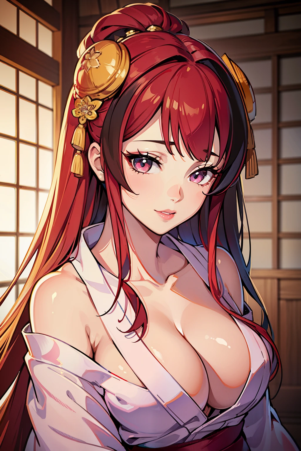 (high-quality, breathtaking),(expressive eyes, perfect face) (((yukata, cleavage, sexy lips)), 1girl, female, solo, young adult, red color hair , streaked hair, pink coloured eyes, stylised hair, gentle smile, long length hair, loose hair, side bangs, japanese clothing, elegant, soft make up, hair accessories, demon slayer art style