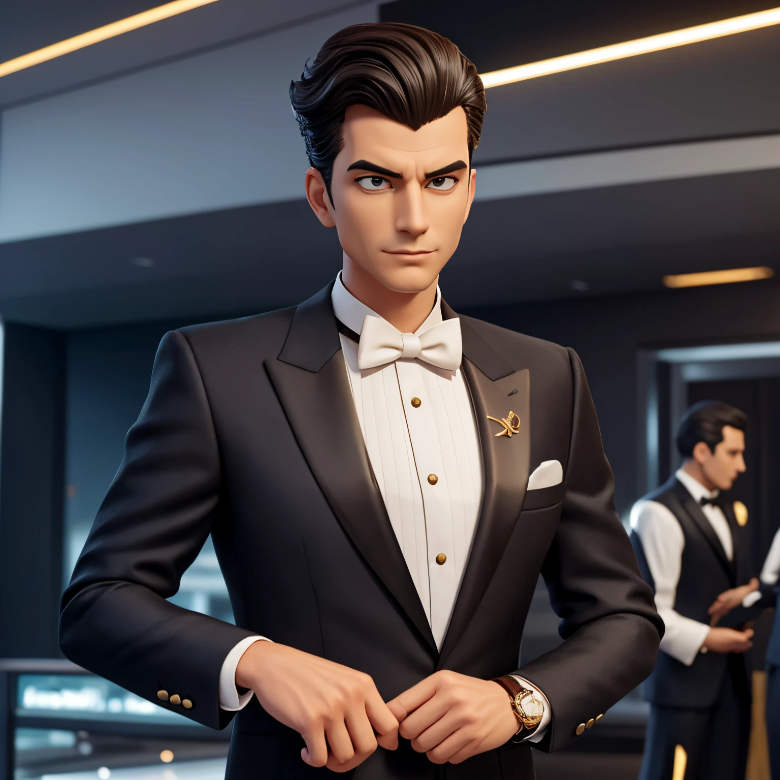 Elegant and wise business tycoon, in a sophisticated tuxedo with subtle gold details and a priceless watch.  Estilo de arte de desenho cyberpunk.