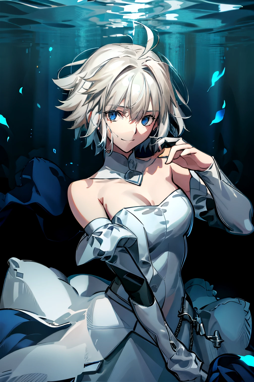 Perspectives, cute smiling, Whole body diagram, white dresid, Separate collar，bshoulder, face flushed，(Comb gray hair)， whitegloves ，Two-tone strapless sleeveless white dress，There  a white flower on the head，flowers bloom in the sea，、((change，blue colored eyes)(Comb gray hair)，white color hair