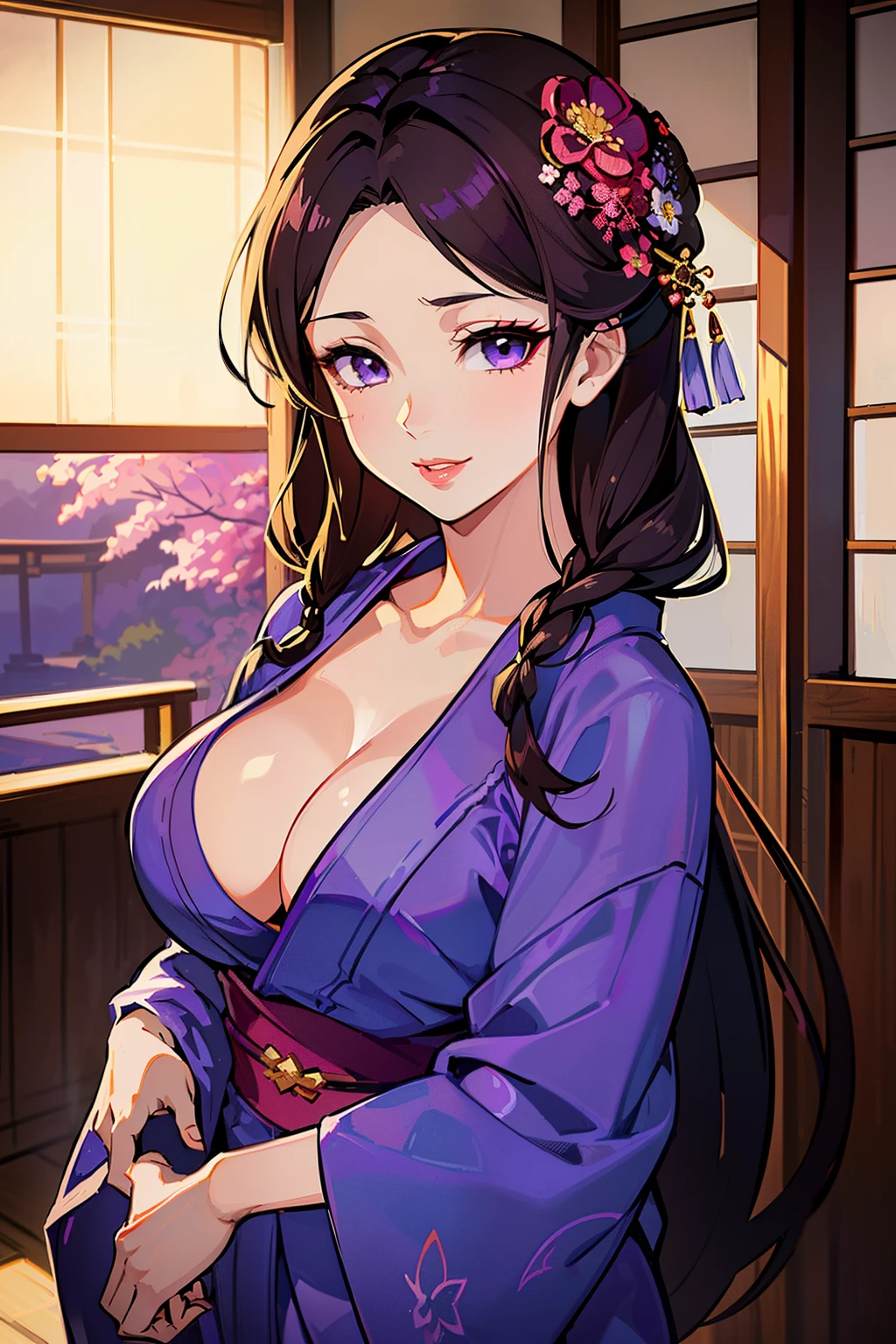 (high-quality, breathtaking),(expressive eyes, perfect face) (((yukata, cleavage, sexy lips)), 1girl, female, solo, young adult, dark brown hair, purple coloured eyes, stylised hair, gentle smile, long length hair, loose hair, side bangs, braided, japanese clothing, elegant, soft make up, flower accessory in hair, demon slayer art style
