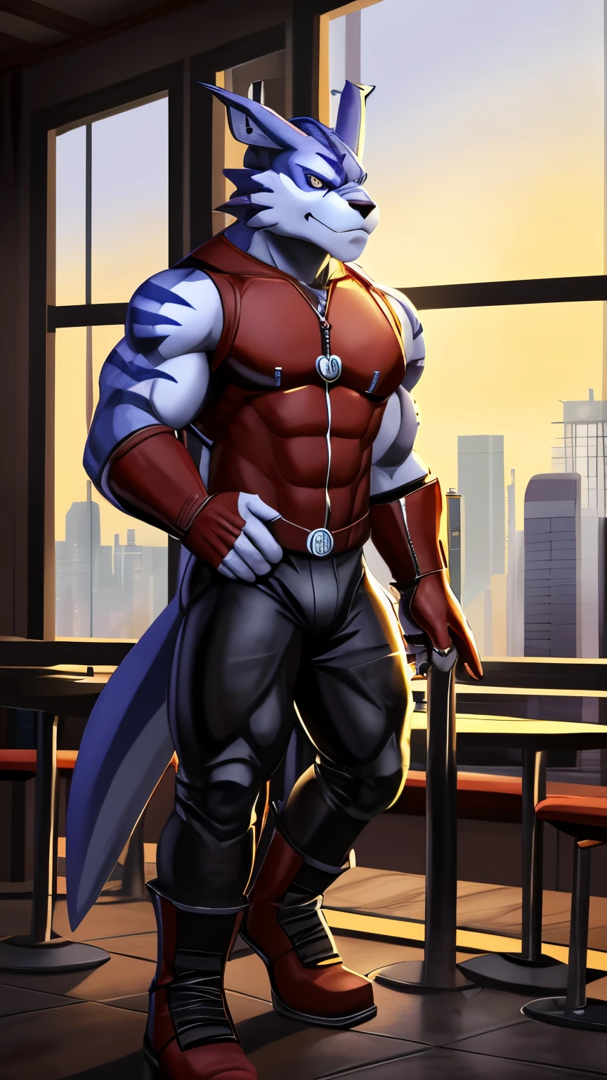 Furry weregarurumon boy, muscular, cyberpunk, coffee restaurant, a take coffee drink, morning, leather arms and hands glove, leather legs and riding boots, leather pants, looking, window, tower, anime, digimon, 4K