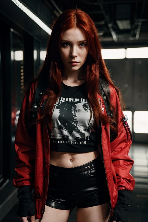 long red hair, cyber punk clothes (Jacket and t-shirt), holding a gun