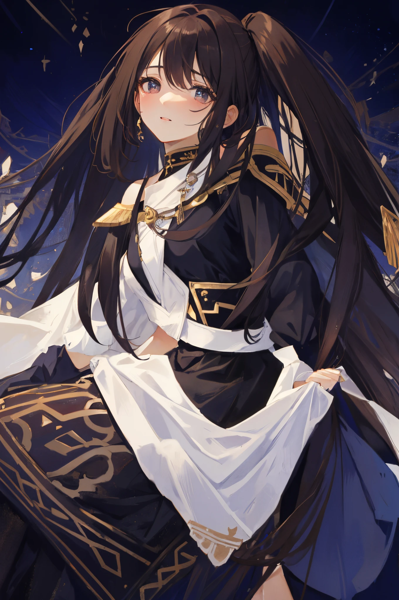 A picture of a woman with a beautiful face, a fitting nose, brown-colored eyes, and rosy lips. Her long, straight brown hair, adorned with bangs almost reaching her eyes, cascades down. She is seated on a throne-like chair, crossing her legs, with her right leg resting on her left. She is dressed in a black evening gown, covered at the chest. Her expression is one of a blank stare, coupled with a slight smile on her beautiful lips. From her eyes, black tears flow down her clean cheeks.