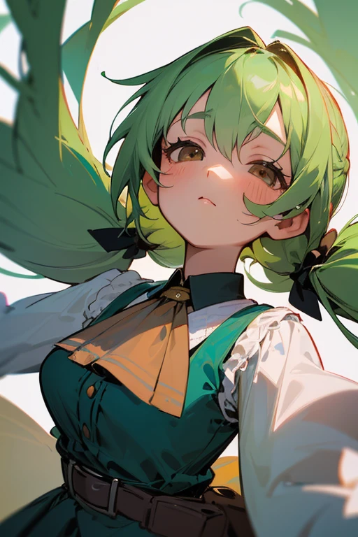 (1Girl), Masterpiece, Best Quality, super fine illustration, very cute little girl, highly detailed beautiful face, looking up at viewer, 1Girl, belt, closeup shot, looking up at viewer, 4k, high resolucion, bows, Firis Mistuld, blush, POV, twintail hair, White background, Simple background, thick outlines, brown eyes, (sleep), Green-haired, chibi, love expression, ((Green-haired)), (血),