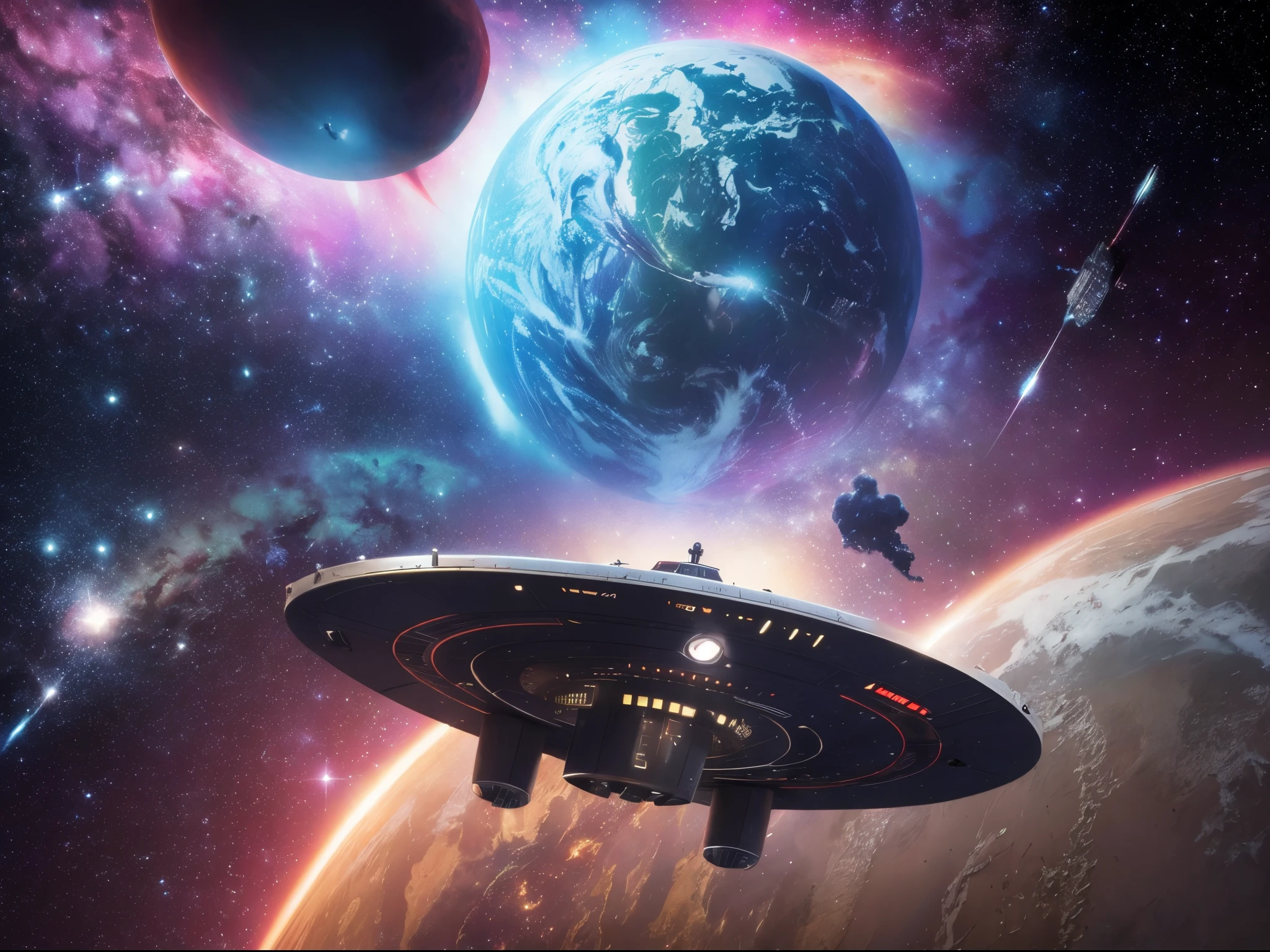Create a dramatic and cinematic portrayal of the Enterprise NCC-1701 navigating through a vibrant and colorful nebula. Reference the works of space artists like Chesley Bonestell.