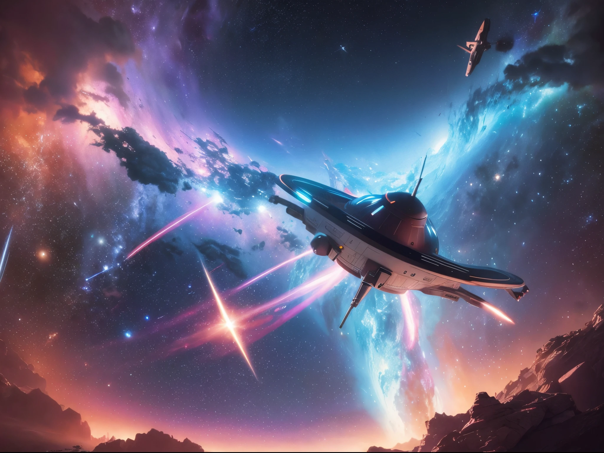 Create a dramatic and cinematic portrayal of the Enterprise NCC-1701 navigating through a vibrant and colorful nebula. Reference the works of space artists like Chesley Bonestell.