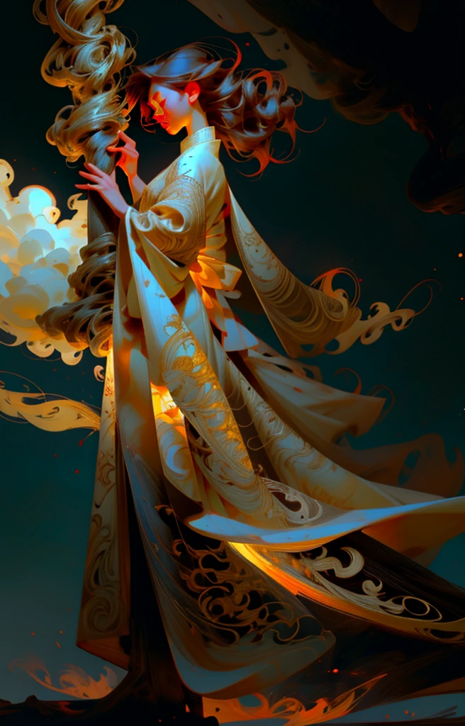 A woman as beautiful as a god,White intricate Chinese gauze skirt,Fairy-like,Complicated details,gold embroidery,Braving the shining golden light,intricate face details,Slender and graceful eyes,Red flower between the eyebrowrunette color hair,Long hair flying,The background red and yellow firelight,foggy atmosphere,tree falling petalloating particles,Underfoot the lotus array,Magic Smoke,Delicate masks