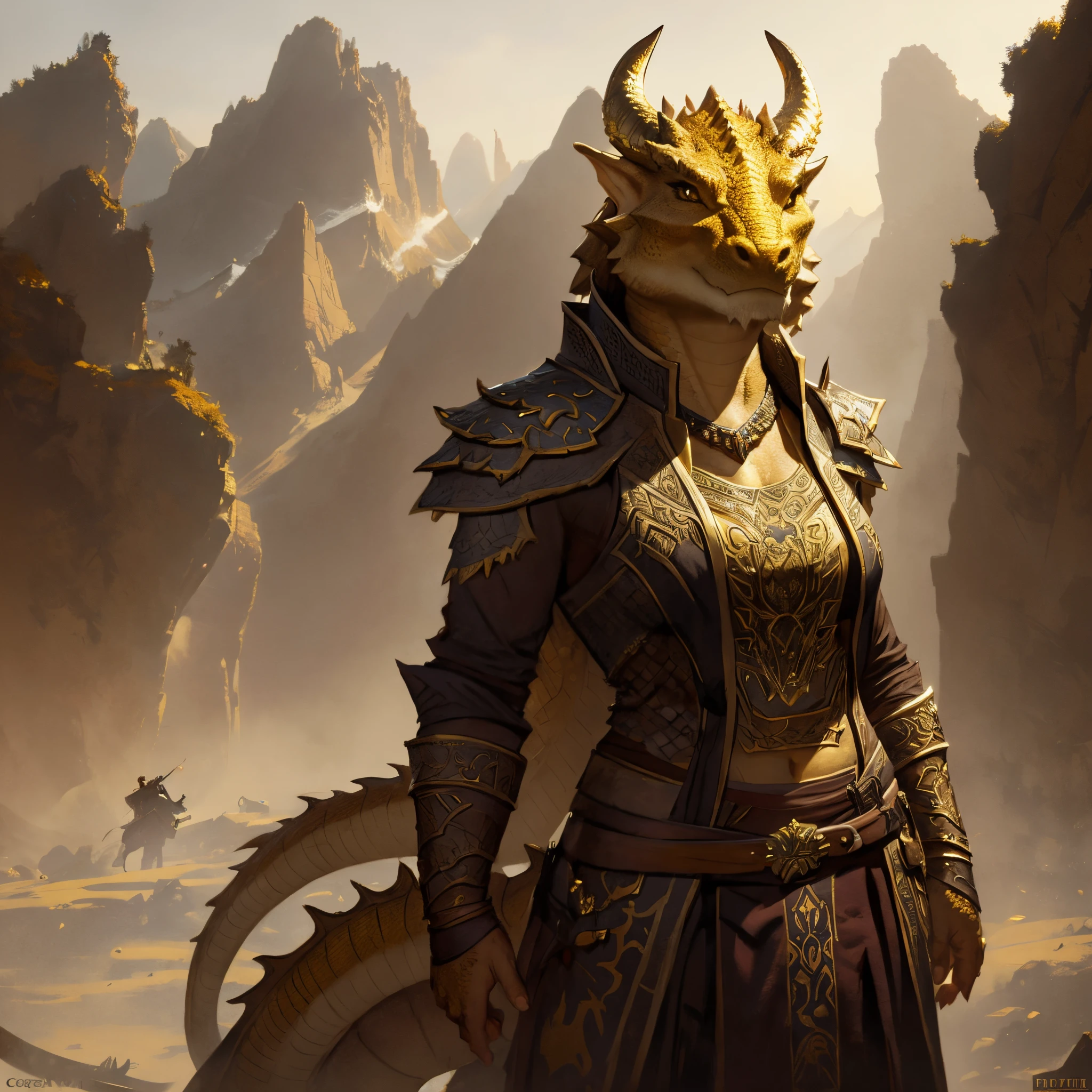 brass dragonborn, female, horns, solo portrait, scales, tail, buff, clotheasterpiece, best quality)), art by greg rutkowski