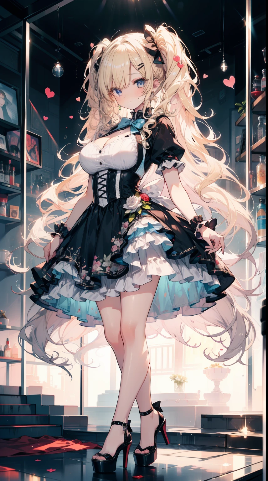 1girl in, fullllbody, Character Design, (((Light blonde curly low pigtail)), ((Eyes are blue)),  (Sauce order), ((White hairpin)), (Mole under the left eye), Long bangs, Eyes are hearts, Brainwashed, large full breasts, High quality, 痴女, Magic Makeover, Blue Lolita Dress Costume, White high heels, Wide Shot, Detailed background of the prison