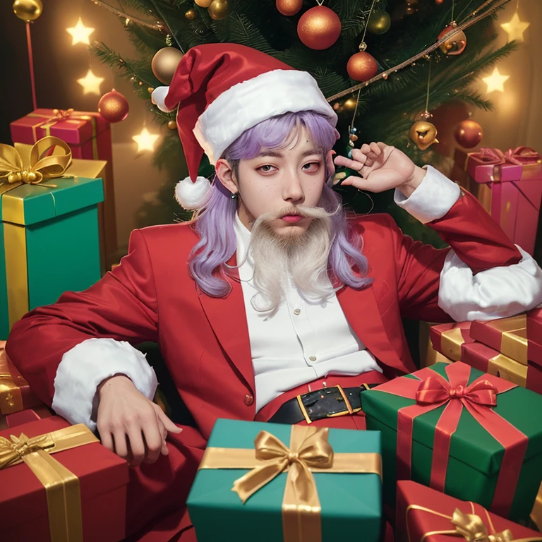 (Imagen de una fiesta:1.3),Namjoon, (realista: 1.3), Namjoon de BTS, La mejor calidad, borracho, cuerpo completo, ebrio, Namjoon de BTS, Arte surrealista, (Arte surrealista), traje de santa claus, person sleeping under a christmas tree, movimiento de la imagen, Caos visual,Cyber y2k aesthetic, fiesta