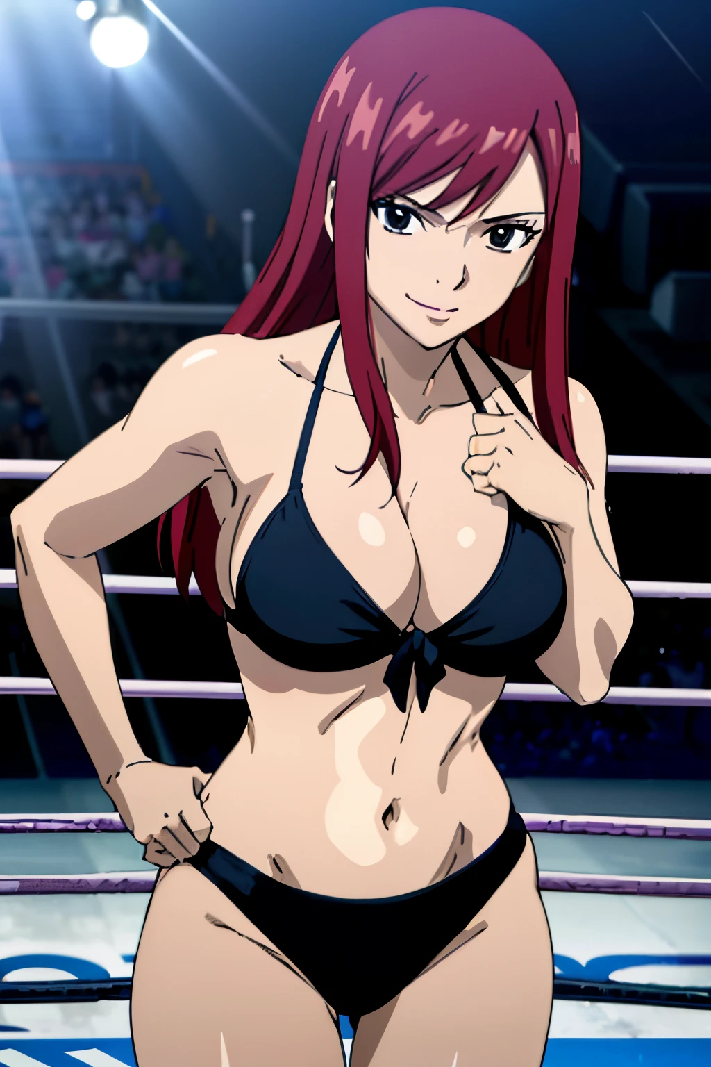 ((black bikini only)), (((wrestling arena))), spotlights, upper body view, please prioritize (best quality, 4k, 8k, highres, masterpiece:1.2), ultra-detailed, and (realistic, photorealistic, photo-realistic:1.37) rendering. (()), ((black bikini only)), big breasts, groin, ultra detailed face, perfect anatomy, 8k, standing, perfect body proportions, highest quality, 1girl, solo, (()), (very little biceps) , happy, smile, ERZASCARLET, big breasts, cleavage, off-shoulder, tall girl, (shiny hair), detailed red hair, closed mouth, very big eyes, long belly, wide shoulders, For the image quality, To enhance the visuals, add HDR, UHD, studio lighting, ultra-fine painting, sharp focus, physically based rendering, extreme detail description, professional, vivid colors