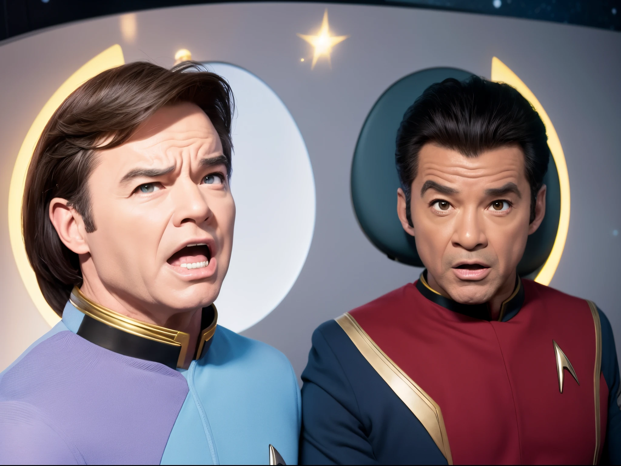 Depict the characters of "Star Trek: The Next Generation", enormous tits, in a playful and exaggerated cartoon style, emphasizing their unique personalities and humorous interactions. Draw inspiration from cartoonists like Mike Mignola or Bruce Timm.