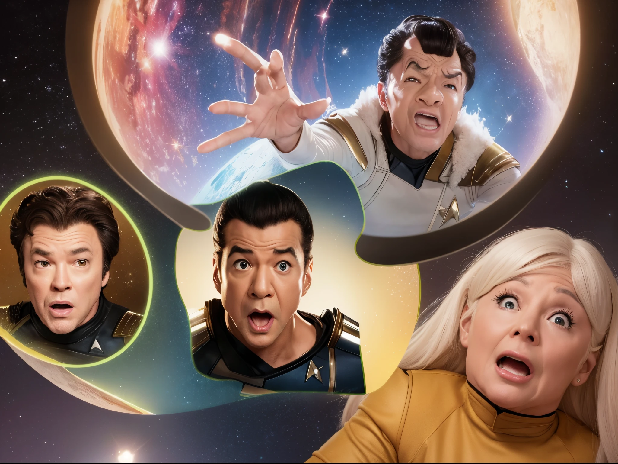 Create a hilarious moment from "Star Trek: The Original Series" with exaggerated facial expressions and comedic elements. Capture the essence of classic sitcom humor.
