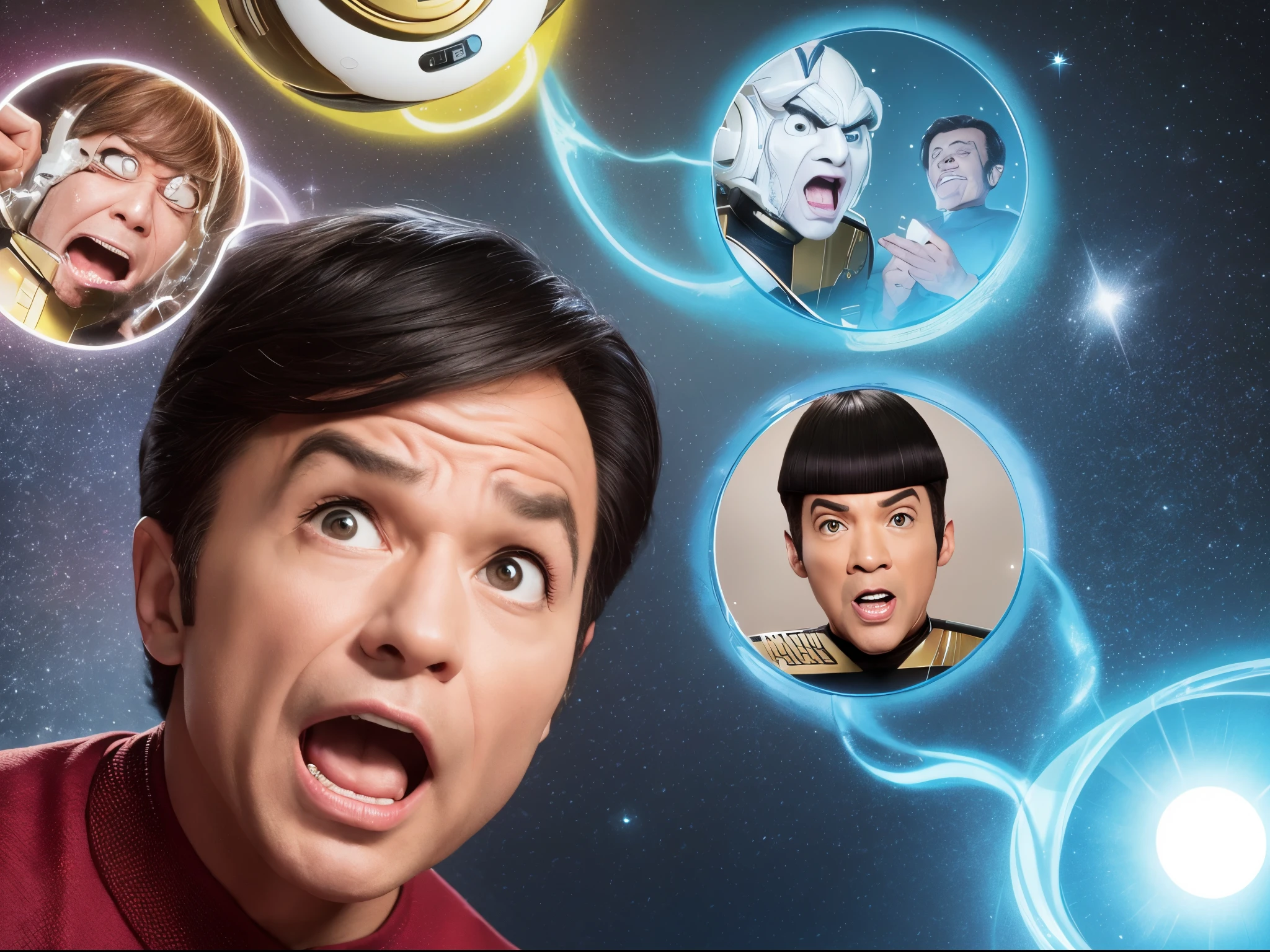 Create a hilarious moment from "Star Trek: The Original Series" with exaggerated facial expressions and comedic elements. Capture the essence of classic sitcom humor.